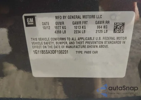 2013 Chevrolet Malibu 1Ls z USA, uszkodzony, nr VIN 1G11B5SA3DF198201